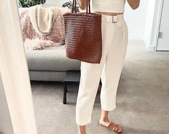 Handwoven Leather Tote Bag, Genuine Cowhide Shoulder Bag