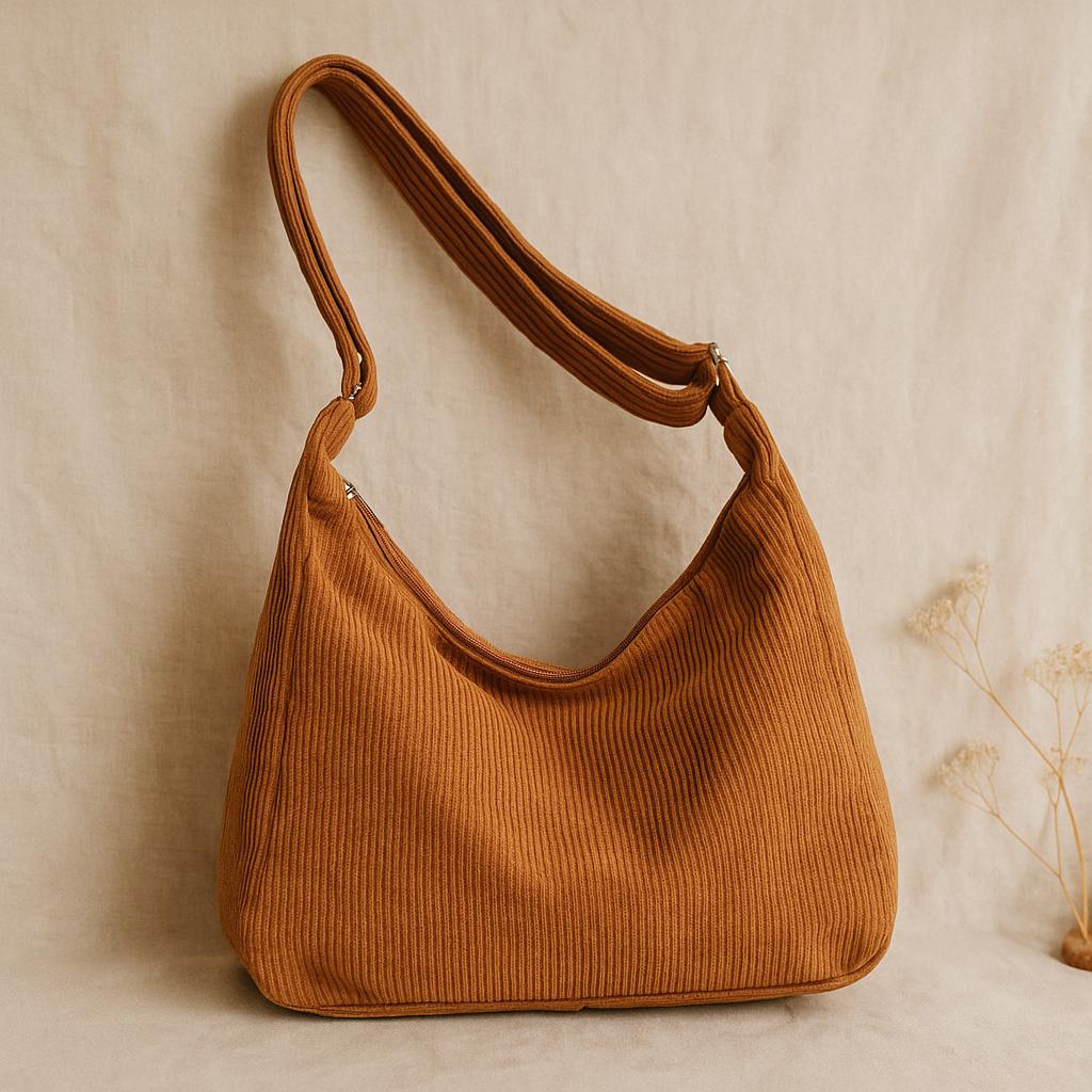 Sac Hobo Femme En Velours Côtelé - Bandoulière Large - Noir - Ulisty