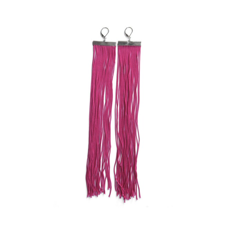 Boucles doreilles fuchsia longue frange / Magenta lustre rose épaule plumeaux / Cerise Extra longues boucles doreilles image 4