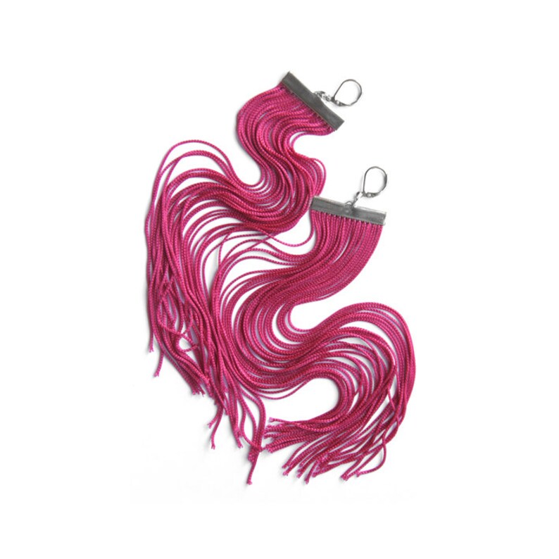 Fuchsia Long Fringe Earrings / Magenta Chandelier / Pink Shoulder Dusters / Cerise Extra Long Earrings image 3