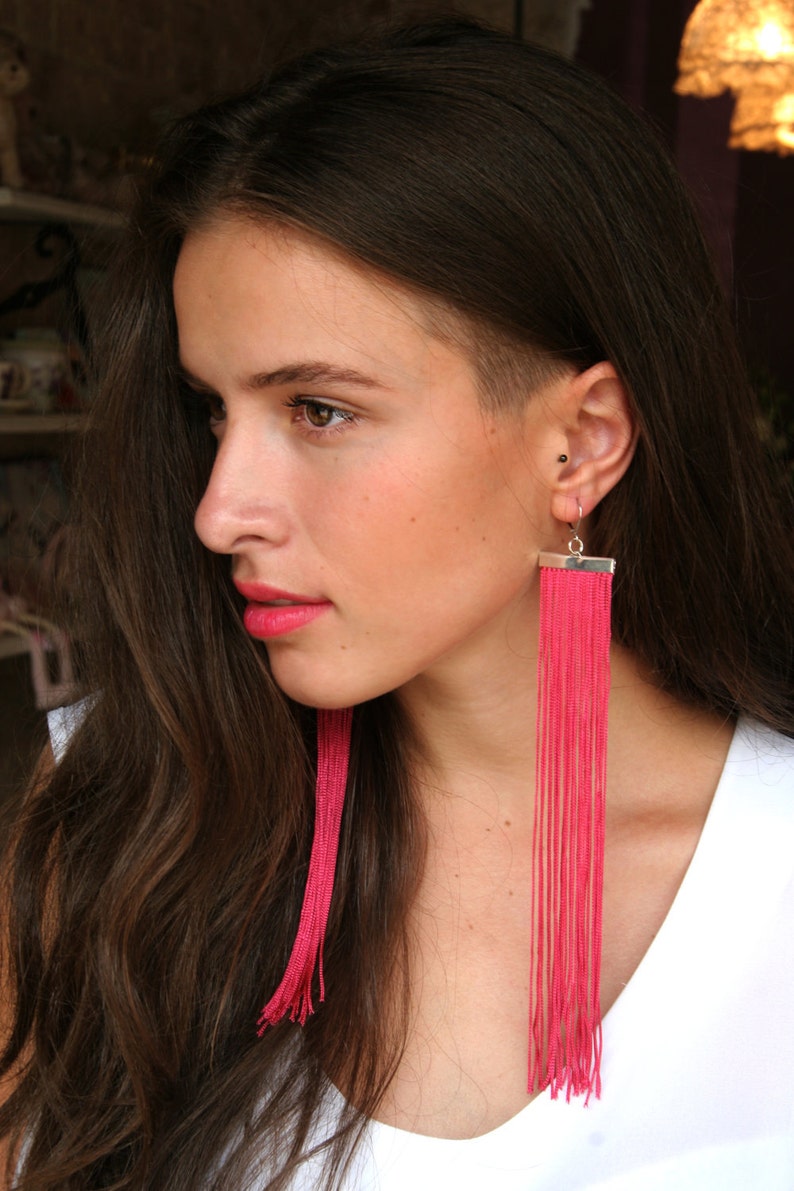Fuchsia Long Fringe Earrings / Magenta Chandelier / Pink Shoulder Dusters / Cerise Extra Long Earrings image 2