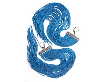 Blue Long Fringe Earrings / Aqua Blue Shoulder Duster / Bermuda Blue Chandelier / Extra Long Earrings / Large Statement Earrings