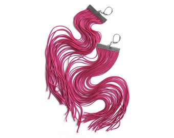 Fuchsia Long Fringe Earrings / Magenta Large Statement Earrings / Pink Shoulder Dusters / Raspberry Dangle Earrings