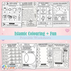 May include: A collection of printable Islamic coloring and activity worksheets. Includes cut-outs, mazes, coloring pages of a mosque, word searches, and matching activities. The title "Islamic Colouring + Fun Printable Worksheets" is displayed.