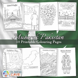 Può includere: Una collezione di dieci pagine da colorare stampabili con monumenti pakistani, il fiore nazionale e abiti tradizionali. Le pagine includono il testo "Mubarak Pakistan" e "10 Printable Colouring Pages".