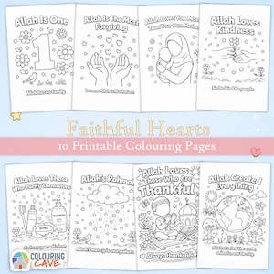 Pode incluir: Dez páginas para colorir imprimíveis com ilustrações em preto e branco. As páginas apresentam temas islâmicos com textos como "Allah Is One" e "Allah Loves Kindness". O título "Faithful Hearts" é exibido em uma fonte decorativa.