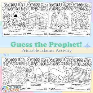 May include: Eight black and white colouring pages with the text "Guess the Prophet!" and "Printable Islamic Activity." Each page depicts a different scene with related text. The "Colouring Cave" logo is visible.