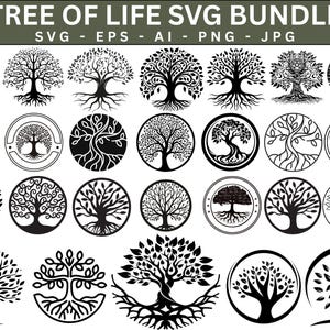 May include: A collection of black and white tree of life designs in various styles. The image includes multiple tree illustrations, some within circular frames, and the text "TREE OF LIFE SVG BUNDLE" at the top.