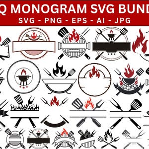May include: A selection of black and white BBQ-themed SVG graphics with red highlights. The designs feature flames, grills, spatulas, and forks, with text reading "BBQ MONOGRAM SVG BUNDLE" and file type indicators.
