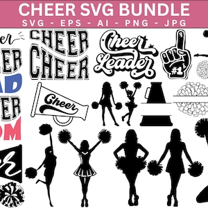 Cheerleader SVG-bundel, pom pom en silhouetontwerpen (directe download)