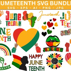 Peut inclure: Ensemble de graphiques SVG sur le thème du Juneteenth. Les motifs comprennent les mots "June" et "Teenth" dans différents styles, des cœurs, un arc-en-ciel, un tournesol et des poings levés. La palette de couleurs comprend le rouge, le jaune, le vert et le noir.