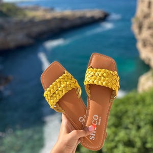 zora yellow leather hand woven flat sandal