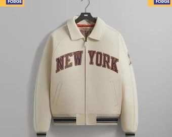 Chaqueta universitaria de cuero auténtico Avirex X Kith Knicks para hombre, color crema Nueva York