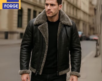 Herren Schafleder Shearling Fliegerjacke Schwarze Bomberjacke mit Pelzkragen