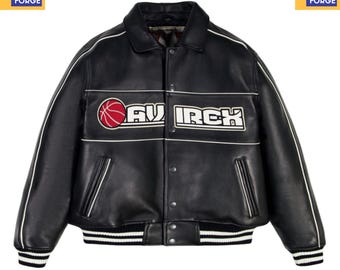 Chaqueta universitaria de cuero negro Avirex con parche de baloncesto vintage, estilo bomber, estilo hip hop Y2K