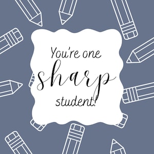 Peut inclure: Fond bleu avec des illustrations de crayons blancs. Un cartouche blanc en forme de nuage contient les mots "You're one sharp student!" en écriture noire.