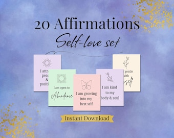 May include: A digital download graphic with the text "20 Affirmations Self-love set." The image features five pastel-colored cards with affirmations and botanical illustrations. The words "Instant Download" are at the bottom.