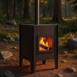 May include: A black outdoor wood-burning stove with a rectangular body and a chimney. The stove has a glass door showing a burning fire inside. It stands on four legs and is set in a forest environment.
