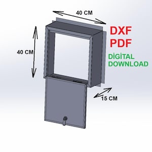 Può includere: Design digitale rettangolare grigio con porta a cerniera, misura 40 cm x 40 cm x 15 cm. L'immagine include il testo "DXF PDF DIGITAL DOWNLOAD".
