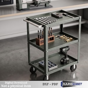 May include: A dark green metal rolling utility cart with three shelves. The top shelf holds a row of wrenches and measuring tools. The middle shelf contains a wooden tool organizer and small precision tools. The bottom shelf holds a cordless drill and a small parts bin.