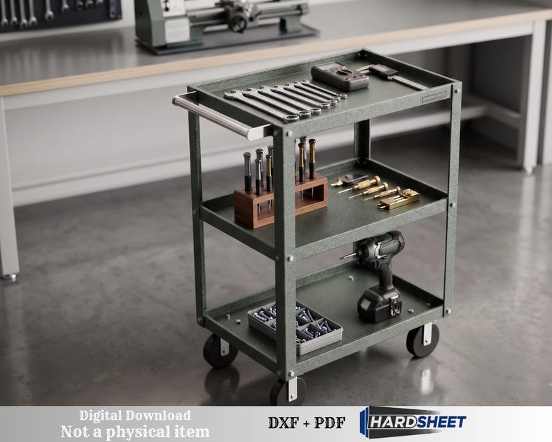 May include: A dark green metal rolling utility cart with three shelves. The top shelf holds a row of wrenches and measuring tools. The middle shelf contains a wooden tool organizer and small precision tools. The bottom shelf holds a cordless drill and a small parts bin.