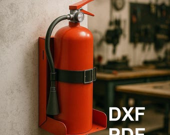 May include: A vibrant red fire extinguisher secured in a red bracket, with a black strap. The image includes the text "DXF PDF DIGITAL DOWNLOAD" in white and green. The extinguisher is mounted on a textured grey wall.