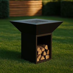May include: A black, geometric fire pit with a square top and a lower storage area for firewood. The fire pit is set on a green lawn, with a mesh screen on the top surface.