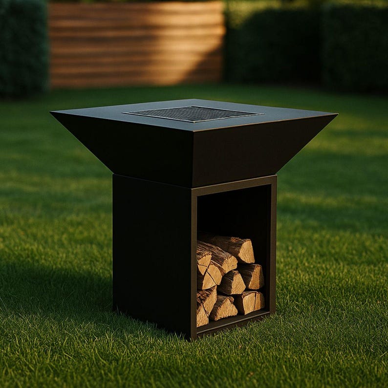 May include: A black, geometric fire pit with a square top and a lower storage area for firewood. The fire pit is set on a green lawn, with a mesh screen on the top surface.