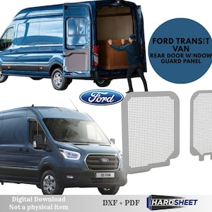 May include: Two images of a blue Ford Transit van, one with the rear door open. The text "FORD TRANSIT VAN REAR DOOR WINDOW GUARD PANEL" is in a blue circle. Two gray metal rear door window guard panels are shown. The Ford logo is also visible.