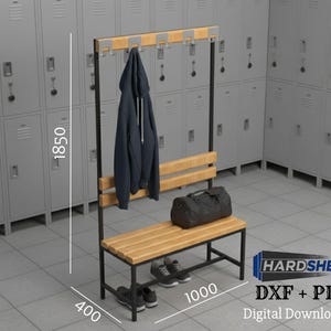 Puede incluir: Banco de madera con estructura de metal negro, perchero y zapatero. Una sudadera con capucha azul marino cuelga del perchero. Una bolsa de deporte negra y un par de zapatillas deportivas están en el banco. El banco mide 100 cm de largo, 40 cm de ancho y 185 cm de alto.