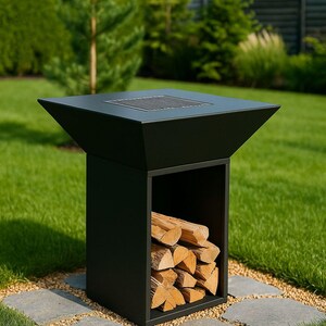 May include: A black, square outdoor fire pit with a built-in log storage compartment. The fire pit has a slatted top and is set on a stone path in a grassy yard. Firewood is stacked inside the storage area.