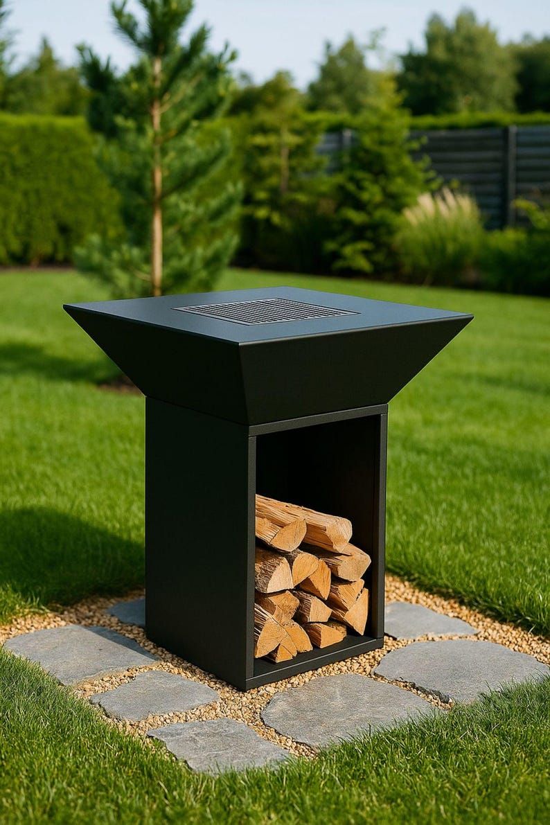 May include: A black, square outdoor fire pit with a built-in log storage compartment. The fire pit has a slatted top and is set on a stone path in a grassy yard. Firewood is stacked inside the storage area.