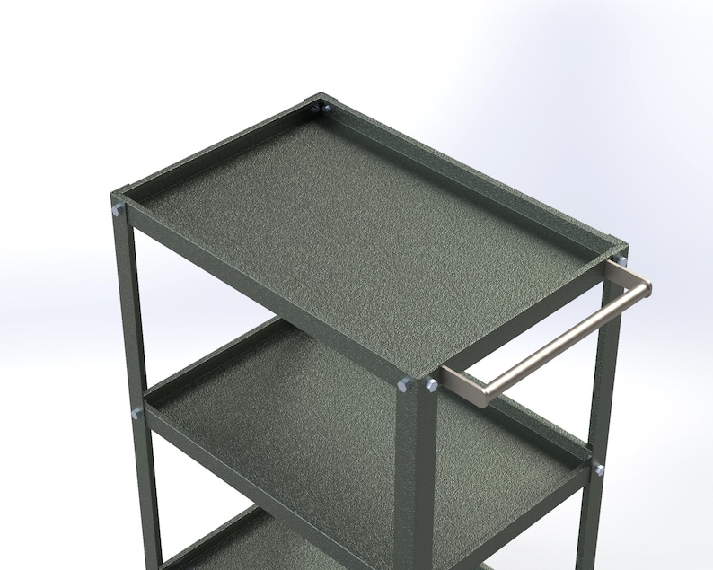 May include: A dark gray metal utility cart featuring three rectangular shelves with raised edges and a textured finish. The cart is constructed with vertical corner supports secured by silver-colored bolts and includes a horizontal handle on one side.