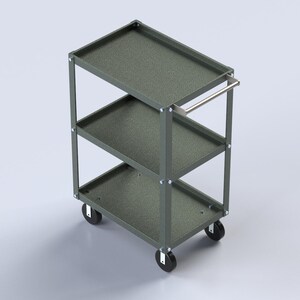 May include: A three-tier utility cart featuring a dark gray frame and matching shelves with a textured finish. The cart includes a silver-toned metal handle on the top shelf and four black swivel casters attached to the base for mobility.