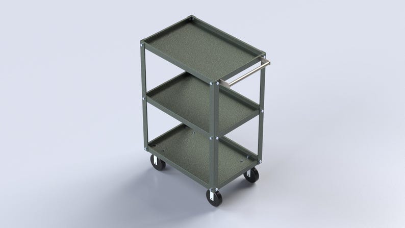 May include: A three-tier utility cart featuring a dark gray frame and matching shelves with a textured finish. The cart includes a silver-toned metal handle on the top shelf and four black swivel casters attached to the base for mobility.