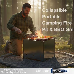 May include: A man grilling on a collapsible, portable camping fire pit and BBQ grill. The metal grill is square and sits on a bed of stones. The text "Collapsible Portable Camping Fire Pit & BBQ Grill" is visible. The image also includes the text "Digital Download Not a physical item".