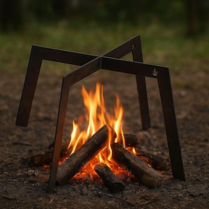 May include: A dark metal fire pit stand with a cross-shaped design, supporting a small campfire. The flames are bright orange and yellow, with logs of wood burning below. The stand is set on a bed of dirt and leaves.