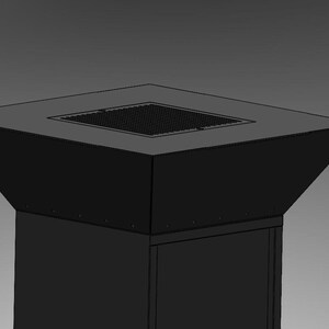May include: A black, geometric fire pit with a square top and a perforated metal insert. The fire pit has a tapered design and a rectangular base. The overall design is modern and minimalist.