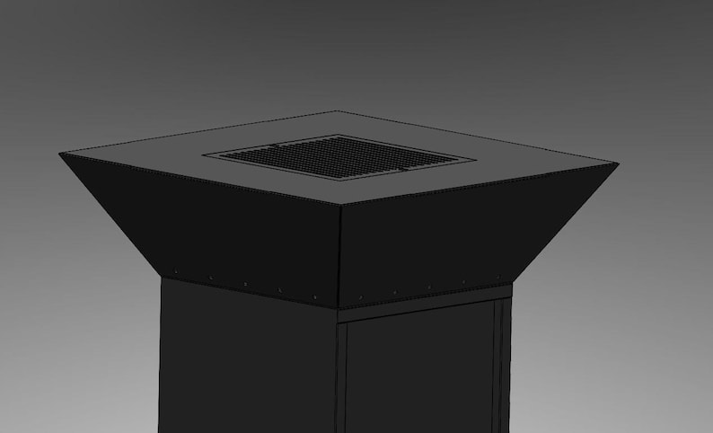 May include: A black, geometric fire pit with a square top and a perforated metal insert. The fire pit has a tapered design and a rectangular base. The overall design is modern and minimalist.