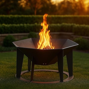 Puede incluir: Un brasero negro y geométrico con fuego encendido. El brasero tiene forma de cuenco hexagonal y se apoya en cuatro patas anguladas, con una base circular. Las llamas son naranjas y amarillas, y el fondo es un césped verde y un seto.