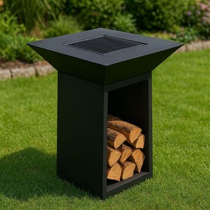 Pode incluir: Uma lareira preta para exterior com um topo quadrado e uma área de armazenamento para lenha. A lareira é feita de metal e está sobre um relvado verde. O topo tem um design semelhante a uma grelha.