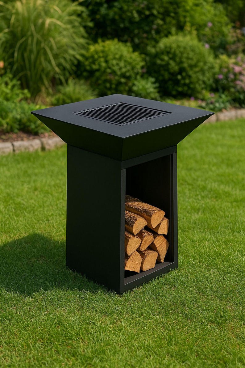 May include: A black outdoor fire pit with a square top and a storage area for firewood. The fire pit is made of metal and sits on a green lawn. The top has a grill-like design.