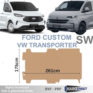Puede incluir: La imagen muestra una furgoneta Ford Transit Custom blanca y una furgoneta VW Transporter gris. Se muestra un panel de color beige con dimensiones de 175 cm de alto y 261 cm de ancho. El texto incluye "FORD CUSTOM VW TRANSPORTER SWB" y "Descarga digital".