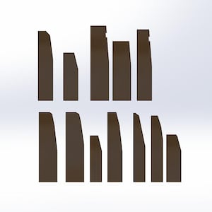 May include: A series of brown, geometric shapes arranged in two rows. The shapes vary in height and width, with some featuring angled edges and cutouts. The background is a plain white.