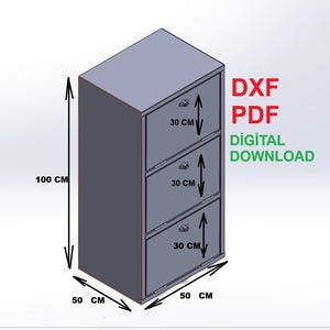 Puede incluir: Un armario gris con tres cajones, cada uno de 30 cm de alto, y el armario mide 100 cm de alto y 50 cm de ancho. El texto "DXF PDF DIGITAL DOWNLOAD" está en rojo y verde.