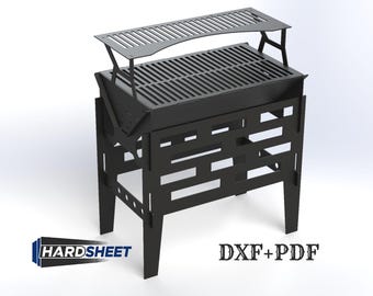 May include: Black metal grill with a slotted cooking surface and a warming rack. The grill has a geometric design on the legs and sides. The text "HARD SHEET" and "DXF+PDF" are visible.