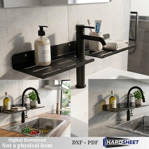 May include: A matte black metal faucet shelf with a slotted design, featuring a central opening for a faucet. The shelf is mounted behind a sink and holds items like a soap dispenser, toothbrush holder, and towel. Includes text: Digital Download Not a physical item DXF + PDF HARDSHEET.