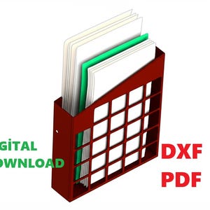 May include: A red file organizer with a grid design, holding white and green papers. The words "DIGITAL DOWNLOAD" are in green, and "DXF PDF" are in red.