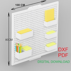 May include: A white pegboard, 31.5 inches tall and 39.4 inches wide, with multiple small holes. It features several white rectangular storage containers with yellow inserts. Colored pencils are in one container. The text "DXF PDF DIGITAL DOWNLOAD" is visible.