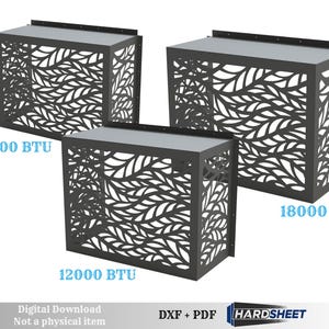 Puede incluir: Tres cubiertas de aire acondicionado de metal gris oscuro con recortes con forma de hojas. Las cubiertas están etiquetadas con clasificaciones BTU: 9000, 12000 y 18000. La imagen también incluye el texto "Descarga digital" y "No es un artículo físico".
